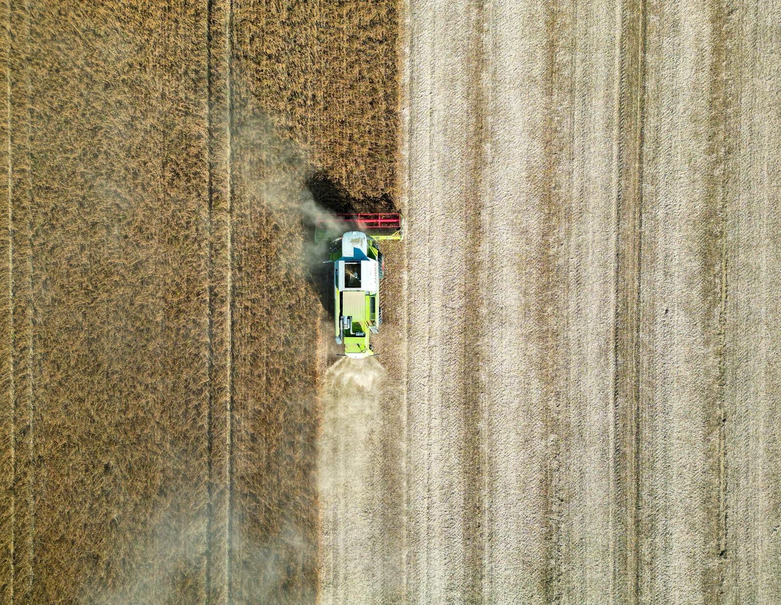 Vista aérea de una cosechadora trabajando en un campo productivo
